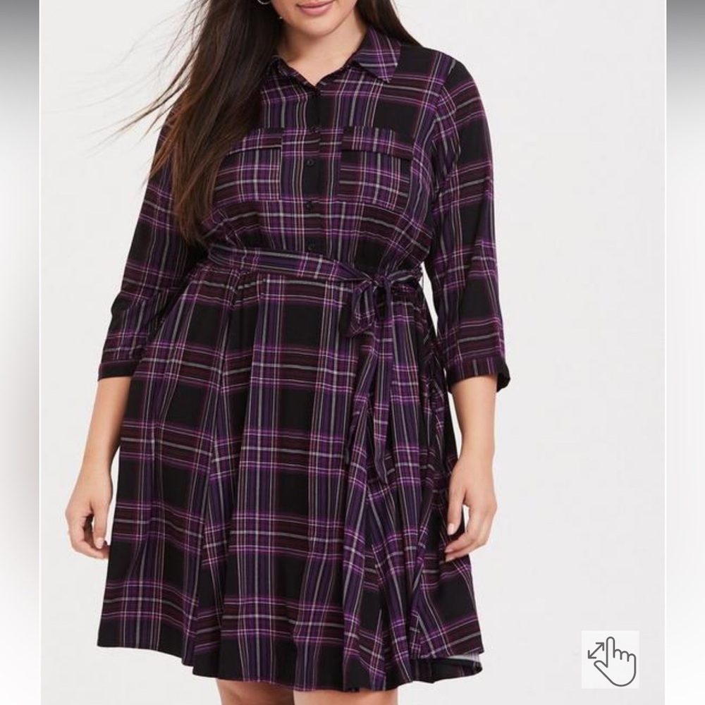 Purple Plaid Challis Button Front Shirt Dress - Torrid - 1/1X